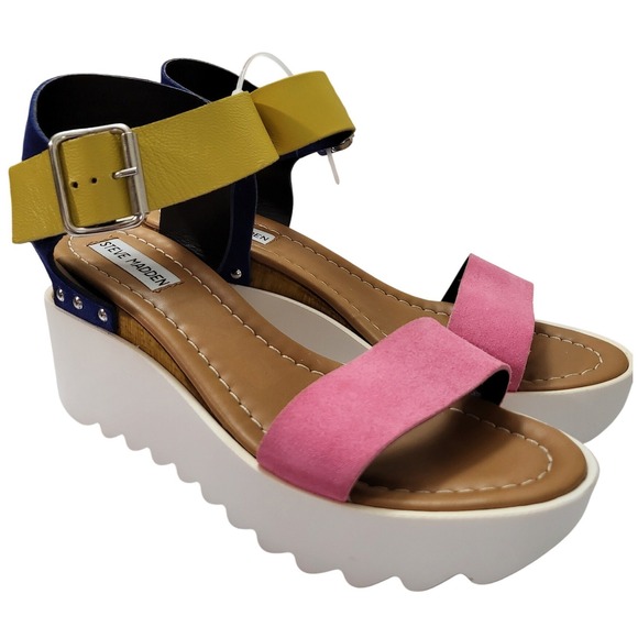 Steve Madden Keanu multi Platform Wedge Sandals Pink Yellow Blue KEAN02S1 38 - Picture 4 of 8